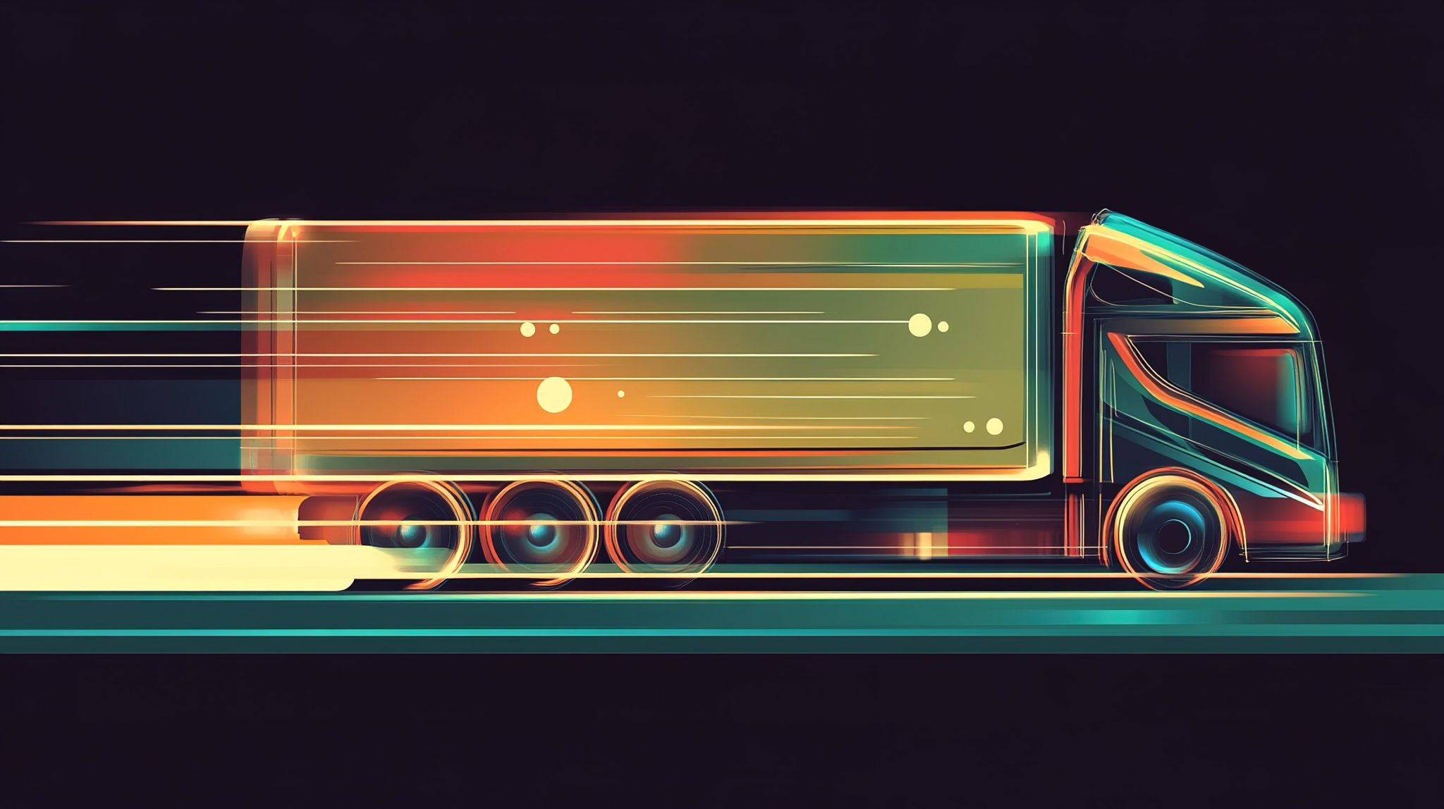 A vibrant, abstract representation of a truck in motion on a dark background during a nighttime journey